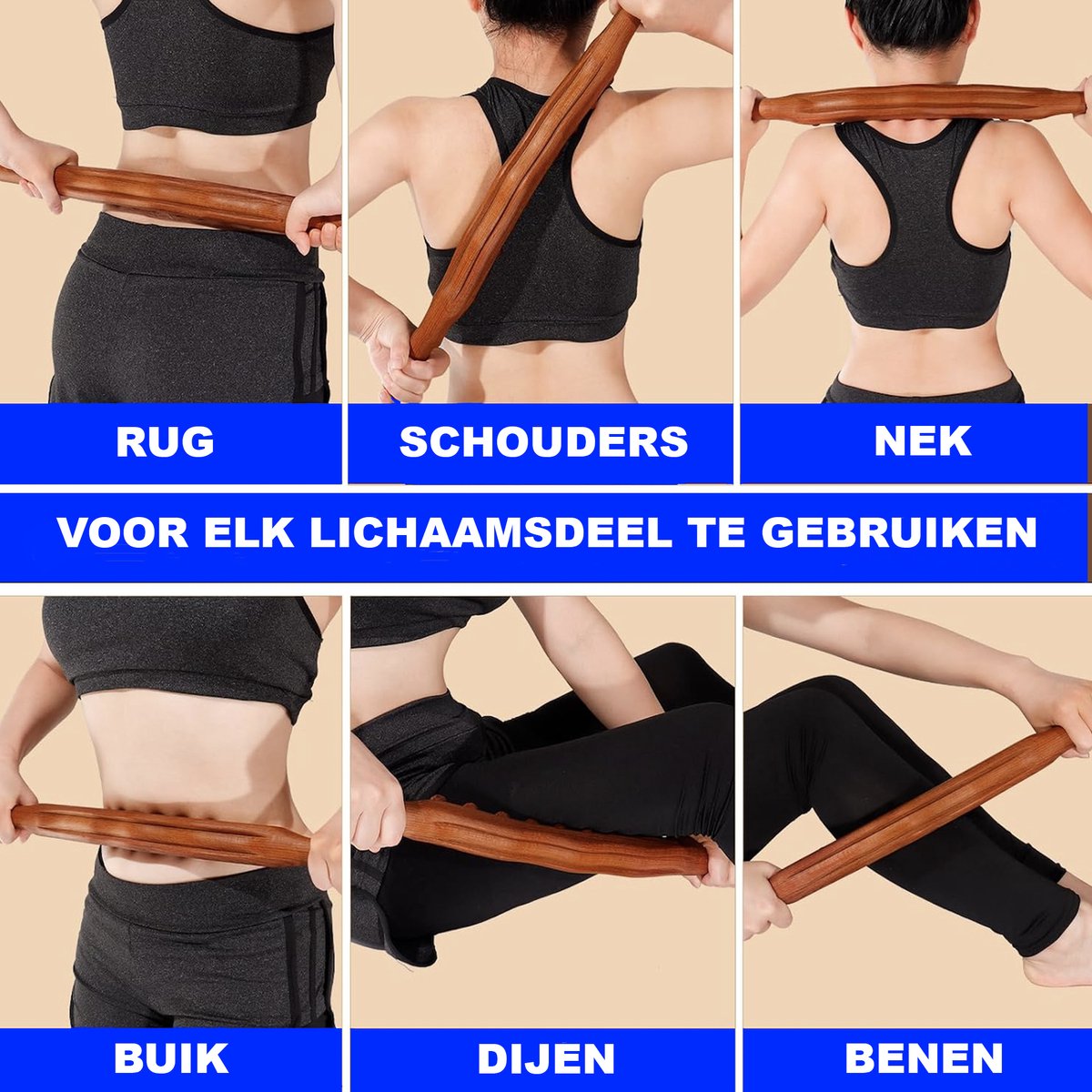 Afbeelding 2 van RugMassage - Massage Apparaat - Bodyflow - Rug/Nek/Schouder/Buik/Taille/Armen/Benen - Massage Stok Hout - Houten Massage Stok - Massage Stok Hout XL - 20 Massage Ballen - Gua Sha Massage Tool - 1 Stuk - Bruin Hout - Gua Sha Massage Stick