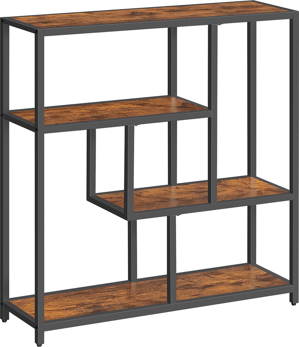 Vintage boekenkast in bruin-inktzwart - 4 planken - houten spaanplaat - stalen frame - 30 cm x 100 cm x 103 cm - elegant ontwerp