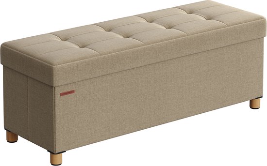 Tabouret de Rangement - Pouf avec Compartiment - Marron Camel - MDF - Imitation Lin - Mousse Haute Résilience - 38cm x 110cm x 40cm