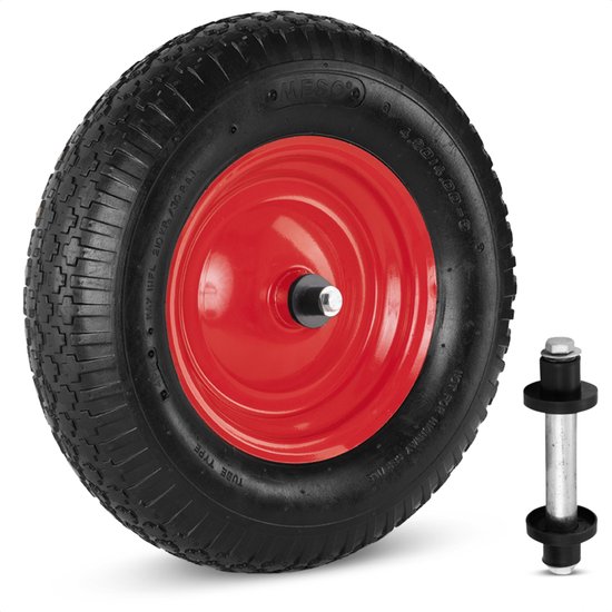 Meso Kruiwagenwiel 400x8 - Metalen velg - 200kg Draagvermogen - Asgat kogellager 20mm - Inclusief 130mm AS - Kruiwagenband 4.80-4.00-8 - Luchtband