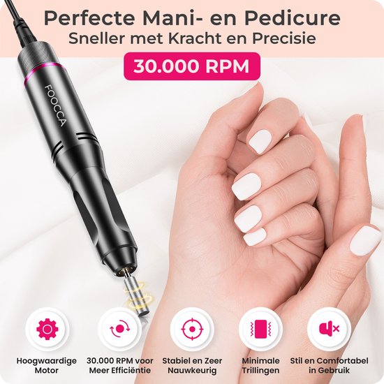 FOOCCA® Elektrische Nagelvijl - Nagelfrees 30000 RPM - Bedraad - Pen Pro - 12 Bitjes + 65 Schuurrolletjes + 3 Accessoires - Manicure en Pedicure Set - Ergonomische Aluminium Behuizing - Eeltverwijderaar - Kalknagels
