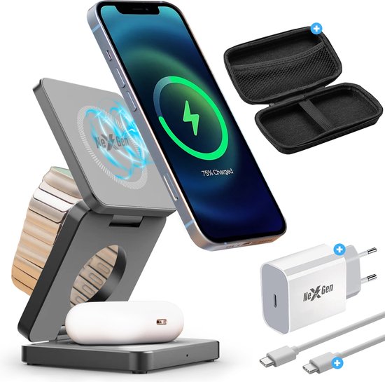 NexGen 3 in 1 Draadloze Oplader Bundel - 15W Iphone Oplader - MagSafe - Opvouwbaar Oplaadstation - Iphone 16/15/14/13/12 - Snellader Iphone - Wireless Charger - Apple Watch - Airpods - Grijs