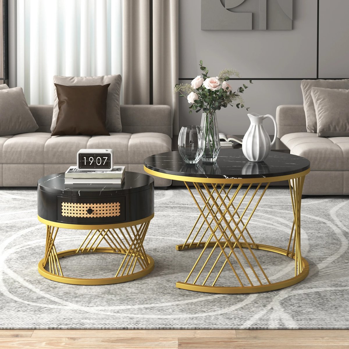DHN set van 2 salontafels - 2 In 1 Ronde Salontafel Gemaakt Van Mdf - Moderne bijzettafels - Zwart - Goud