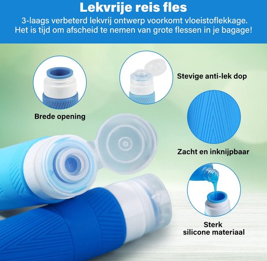 Cailean - Bouteilles de voyage avec étui - 4 Pièces - 100 ml - Barre de recharge - Bagage à main - Silecone - Accessoires de voyage - Ensemble de voyage - Durable - Bouteilles de voyage