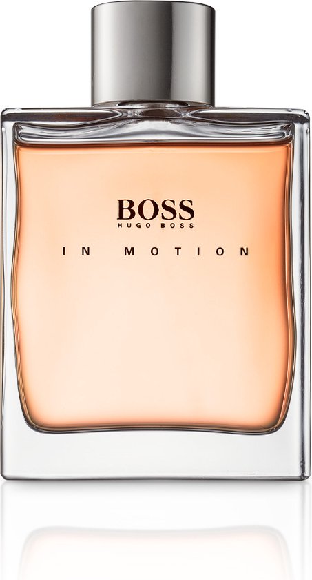 Glazen flacon BOSS HUGO BOSS IN MOTION met oranje vloeistof en zilverkleurige dop.