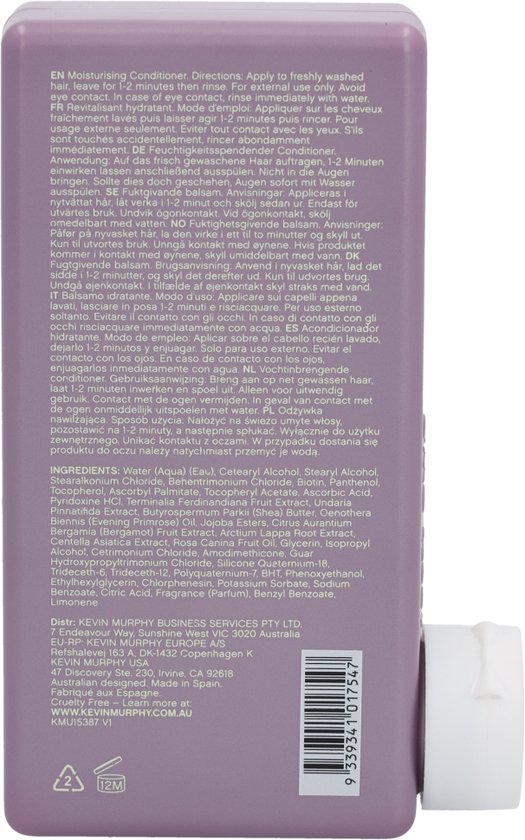 Arrière de la bouteille KEVIN.MURPHY Hydrate-Me.Rinse violette avec informations produit et code-barres.