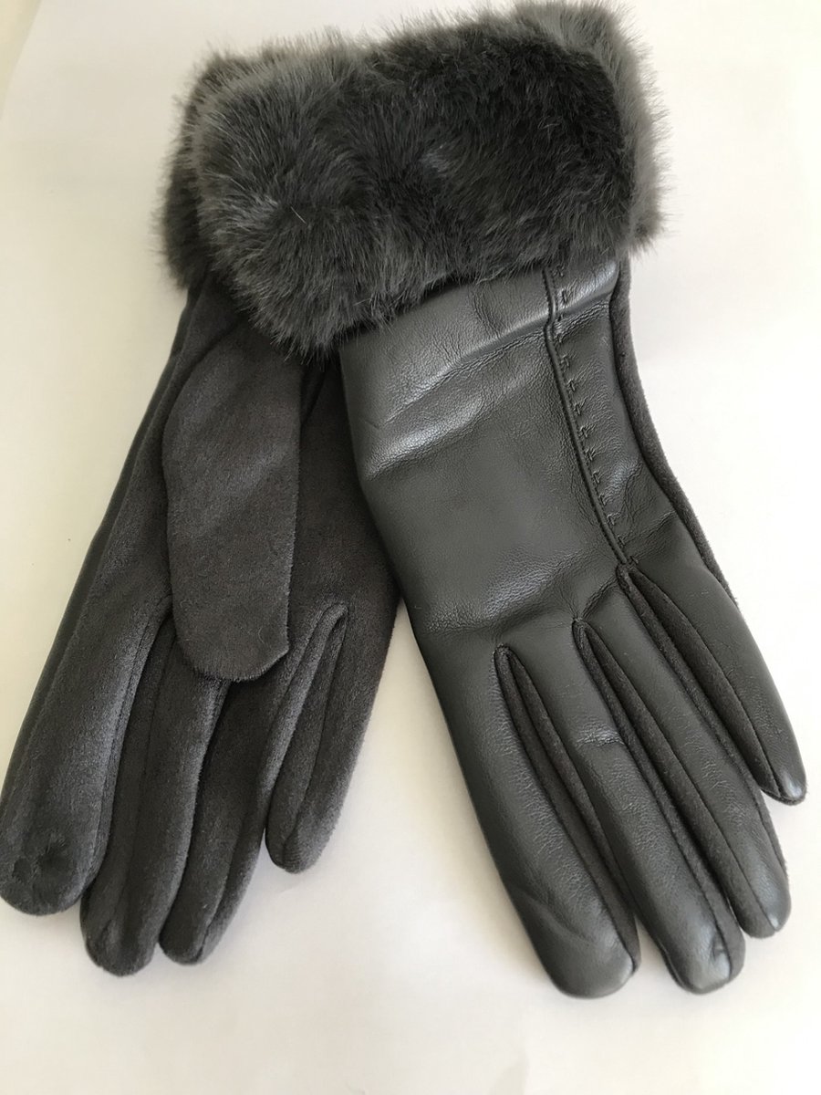Handschoenen Dames - Herfst - Winter - Chique - PU Leer 50% Polyester 50% - Donkergrijs - One Size - Elegant - Touch Screen - Sinterklaas - Kerstmis - Verjaardag