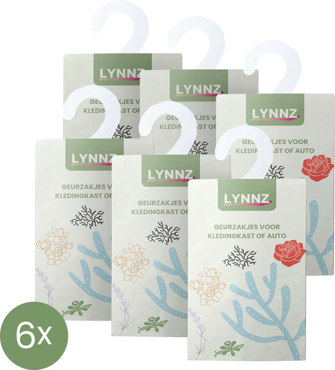 Lynnz® 6x Geurzakjes voor kledingkast - Ook als autoparfum of geurbuiltjes - inclusief haakjes - huisparfum - luchtverfrisser - geurzakje - wasparfum