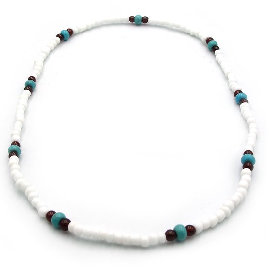 No Evil zomerse unisex surf strand kralenketting met 3mm witte glaskralen en turqoise en bruine kraaltjes op elastiek geregen lengte 45 cm