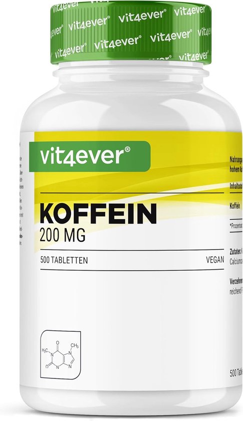 Cafeïne Pillen | 200 mg | 500 Caffeine tabletten | Laboratoriumgetest (gehalte aan werkzame stoffen + zuiverheid) | Zónder ongewenste toevoegingen | Hóge dosering | Veganistisch | Premium kwaliteit | Vit4ever