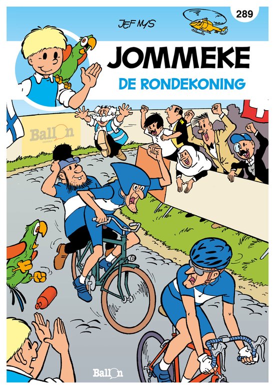 Jommeke de Rondekoning, stripverhaal met Jommeke en papegaai Filiberke in een wielerwedstrijd.