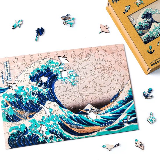 Figured'Art Houten Puzzel 200 Stukjes Volwassenen en Kinderen - De Grote Golf van Kanagawa door Hokusai - Uniek Design 31,2x22 cm met Premium Houten Doos, Perfect als Cadeau