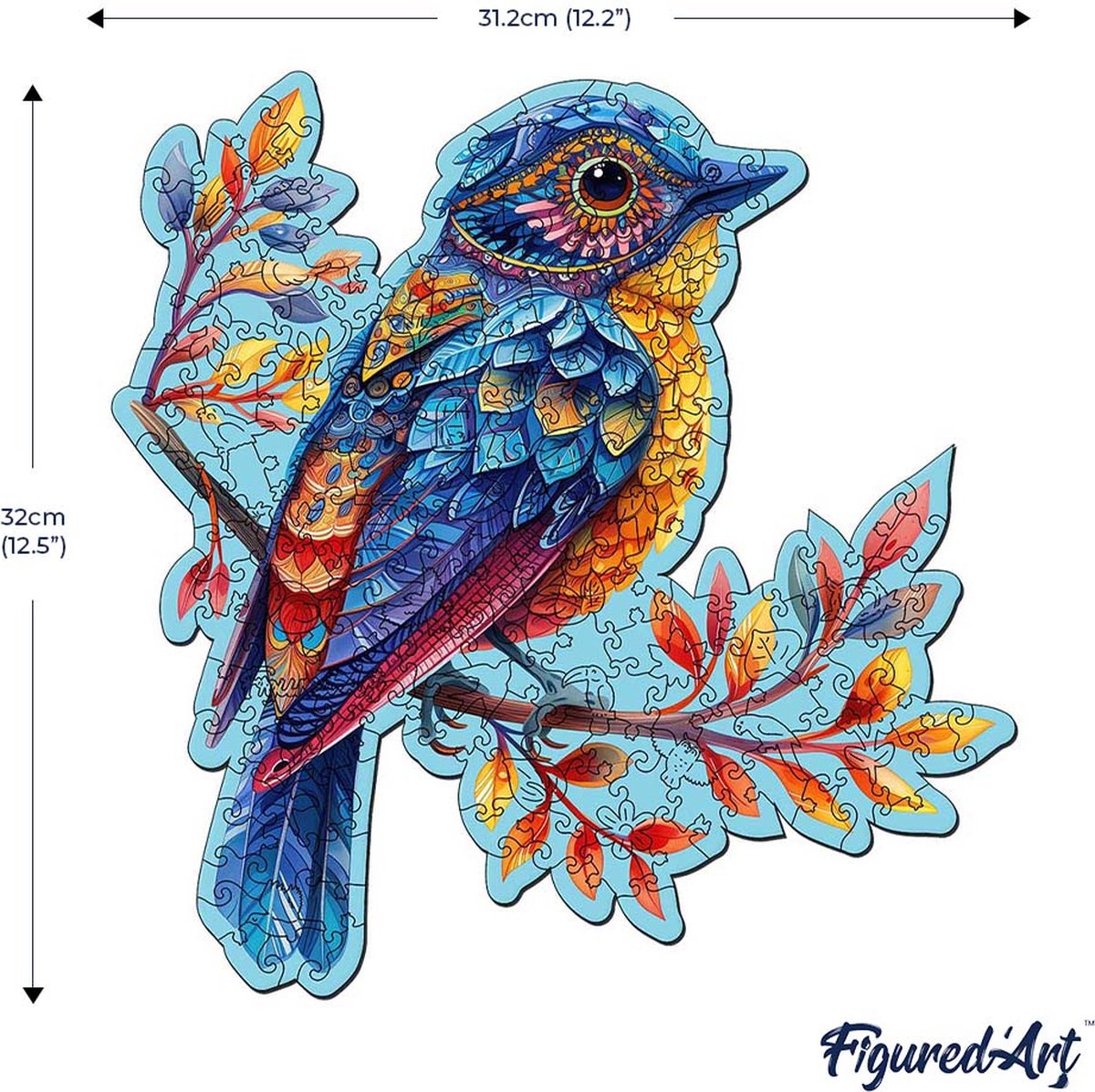 Figured'Art Houten Puzzel 200 Stukjes Volwassenen en Kinderen - Dieren - Blauwe Vogel op de Tak - Uniek Design 31,2x32 cm met Premium Houten Doos, Perfect als Cadeau — cadeau in Spellen & Speelgoed - foto 4