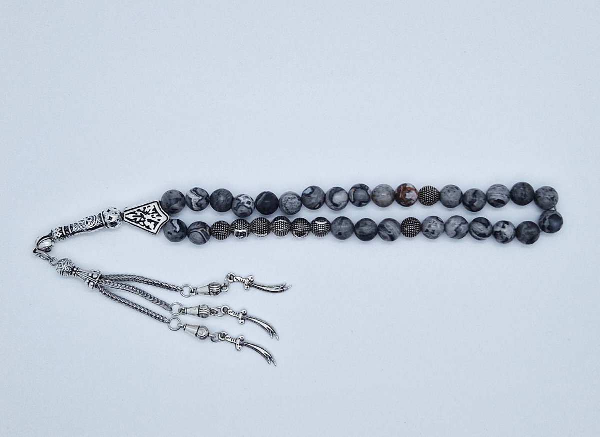 Handgemaakte naam tasbih 33 Kralen Natuursteen “Map Jaspe” - met metaal tassel “Zwaarden"- Met je naam of de naam van uw geliefde- 8 mm diameter van de korrel