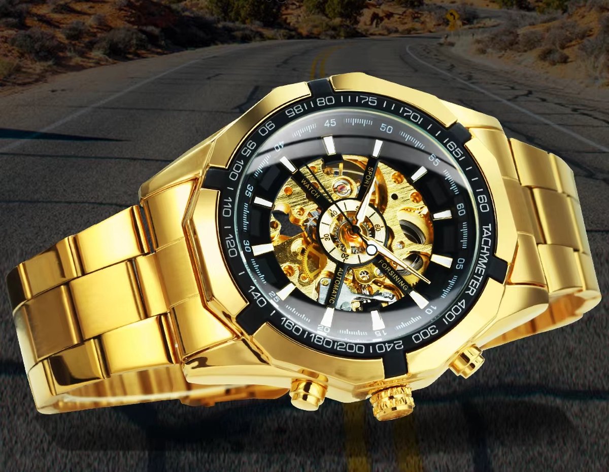 DRX Luxe Mechanisch Skeleton Herenhorloge Zwart met Goud - Elegant Design met Lichtgevende Wijzers - Roestvrijstalen Kast - 45mm - DD119