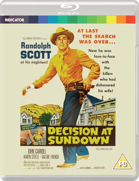 Randolph Scott in een gele blouse, blauwe broek, cowboyhoed en holster, met tekst: 'AT LAST THE SEARCH WAS OVER...'.
