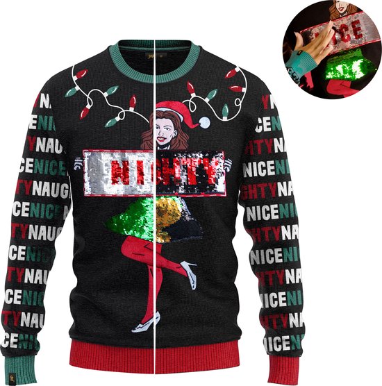 JAP Christmas Interactieve Kersttrui (maat M) - 100% Gerecycled - Kriebelt niet - Kerstcadeau volwassenen - Foute Kersttrui dames en heren - Naughty/Nice - Zwart