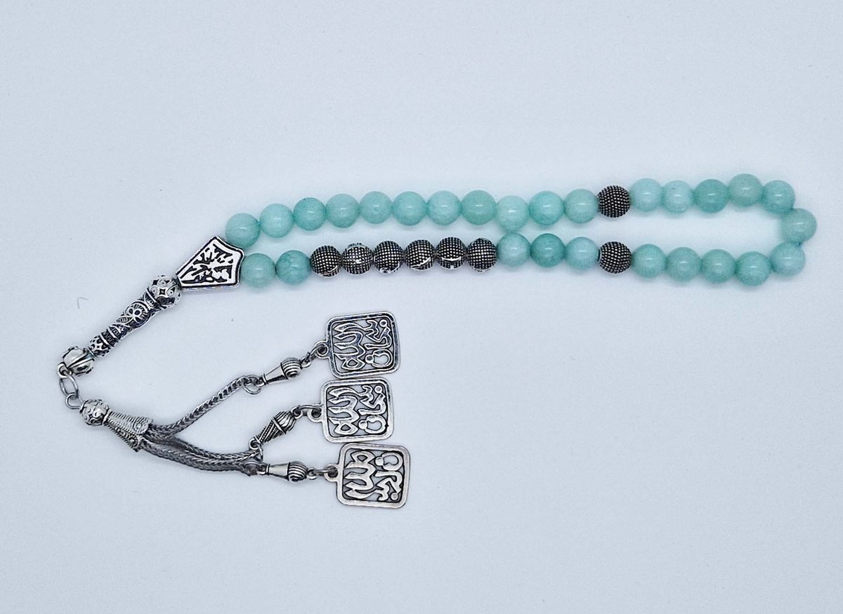 Handgemaakte naam tasbih 33 Kralen Natuursteen “AAA Amazonium” - met metaal tassel “subhan allah"- Met je naam of de naam van uw geliefde- 8 mm diameter van de korrel