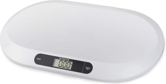 Balance numérique blanche et ovale pour bébé avec un écran affichant '0.00'.