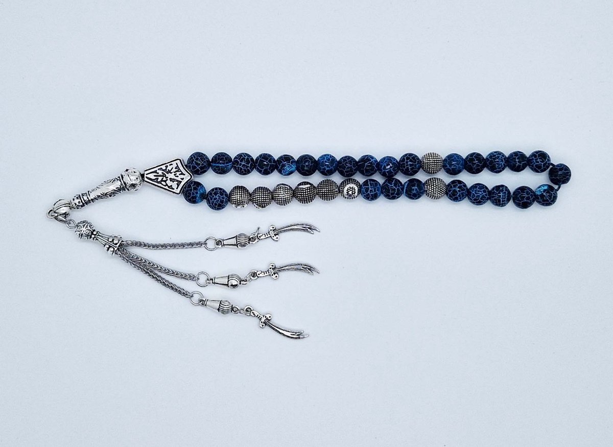 Handgemaakte naam tasbih 33 Kralen Natuursteen “Blauwe harmonie” - met metaal tassel “Zwaarden"- Met je naam of de naam van uw geliefde- 8 mm diameter van de korrel
