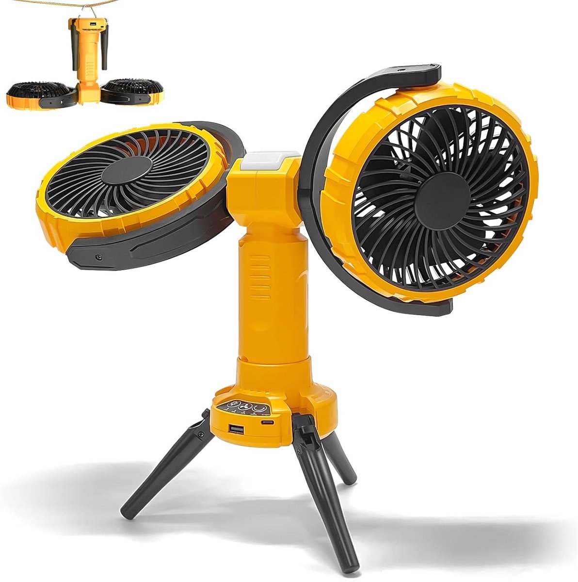 Dubbele hoofd camping ventilator met LED lamp | Oplaadbare USB ventilator | Tent opknoping ventilator | Camping accessoires