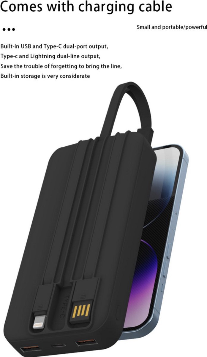 Afbeelding 3 van Powerbank 20000 mah - Quick Charge - Ingebouwde kabels - USB/USB-C - Apple/Iphone en Samsung - Zwart
