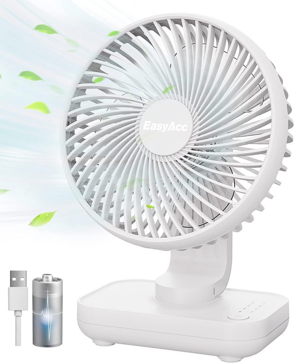 Mini Tafelventilator - Draagbare, Stille Bureauventilator met 4000 mAh en 15 Uur Accuduur - 4 Snelheden en USB-C Oplaadfunctie