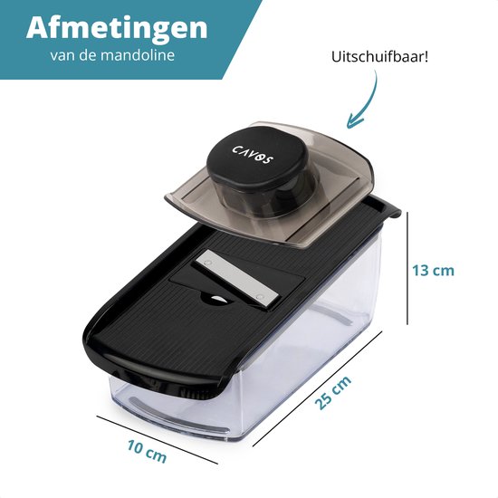 Afmetingen van de uitschuifbare Cavos mandoline: 25 cm lang, 10 cm breed en 13 cm hoog.