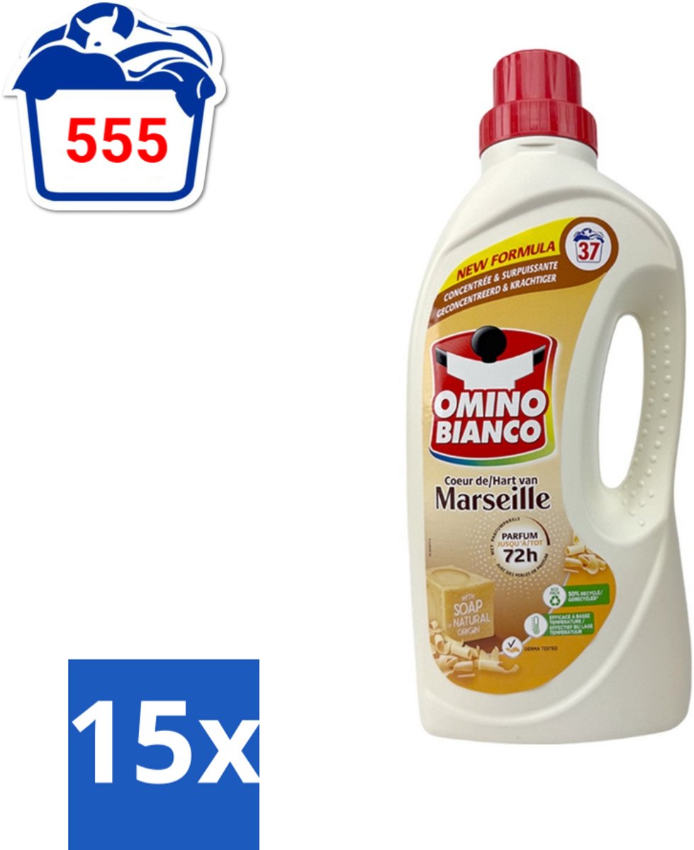 15 x Omino Bianco - Marseille - Wasmiddel - Natuurlijke Zeep - Witte & Gekleurde Was - 37 Wasbeurten - Voordeelverpakking - 15 stuks