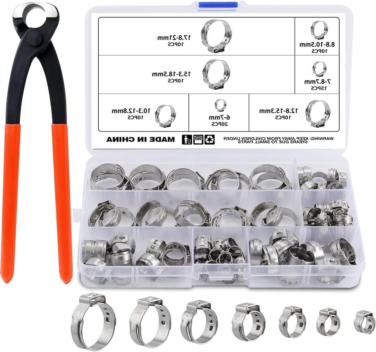 Spring Hose Clamp with Pliers Fuel Line Pipe Clips (Silver Single Ear Clamp-85pcs)