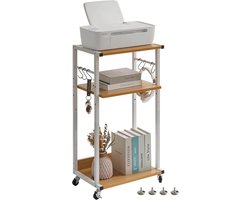 Mobiele printertafel, printerwagen, 3 planken, in hoogte verstelbare printerstandaard met wieltjes, 6 haken, voor kantoor, fax, kopieerapparaat, scanner, hakmolen, 44 x 30 x 82 cm, natuurlijke