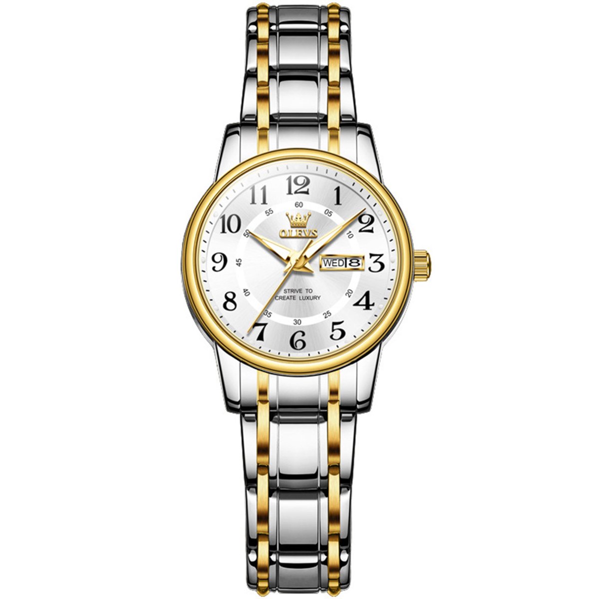 HO-2891.gz-z : Olevs zilver-goudkl edelstaal dames horloge, zilverkl wijzerplaat met goudkl cijfers, dagkalender