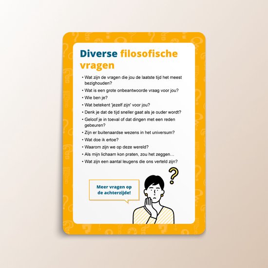 Diverse filosofische vragen, met een illustratie van een jongen die nadenkt.