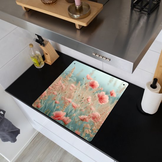 KitchenYeah® Protection plaque induction 78x78 cm - Fleurs - Pastel - Coquelicots - Protege plaque de cuisson - Couvre plaque induction - Protecteur d'induction - Cuisine