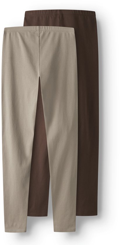 Twee leggings: een bruine en een taupe legging met elastische tailleband.