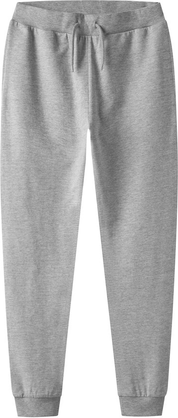 Voorkant van een grijze joggingbroek met trekkoord en elastische zoom.
