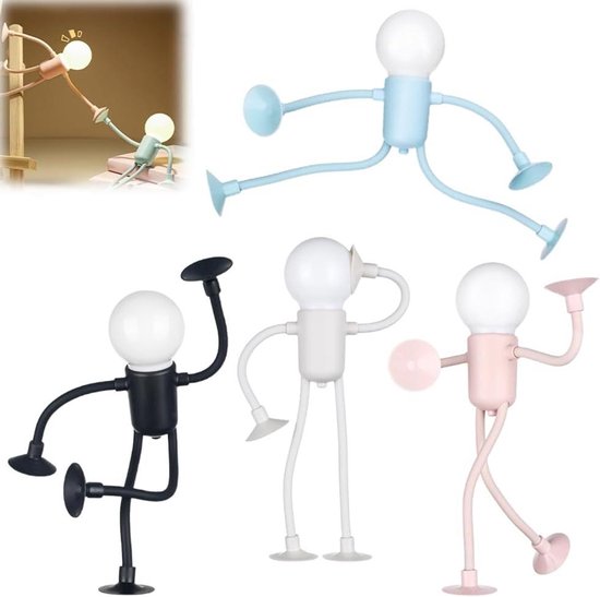 Sportieve nachtlampjes in het blauw, wit, zwart en roze, met lampen die op bolvormige gloeilampen lijken.