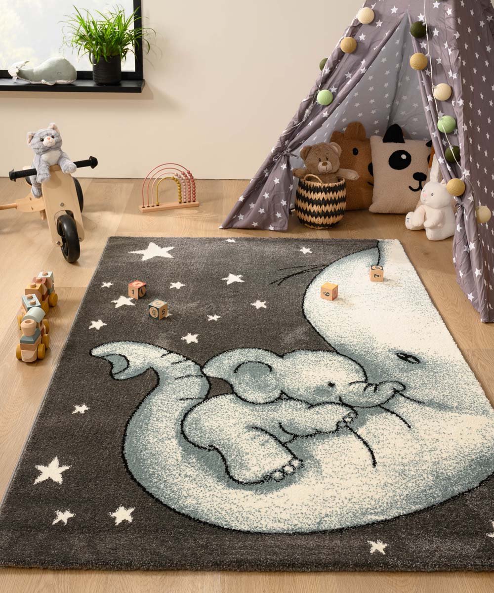 Tapeso Kindervloerkleed olifant - Adventures grijs/blauw 160x230