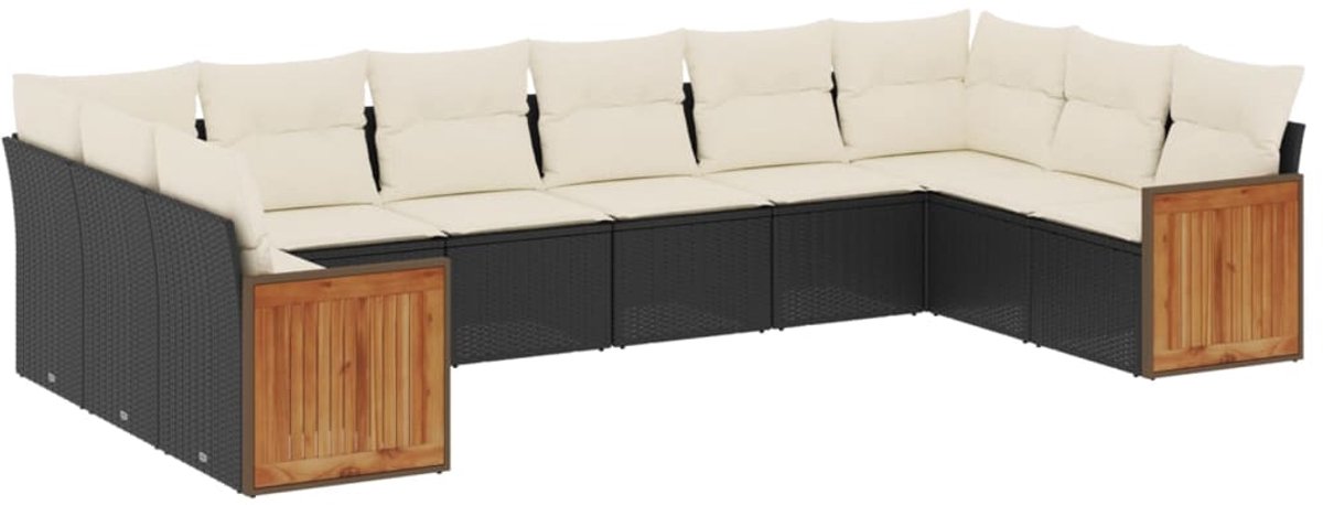 Zwarte poly rattan loungeset met kussens en loungebank voor tuindecoratie.