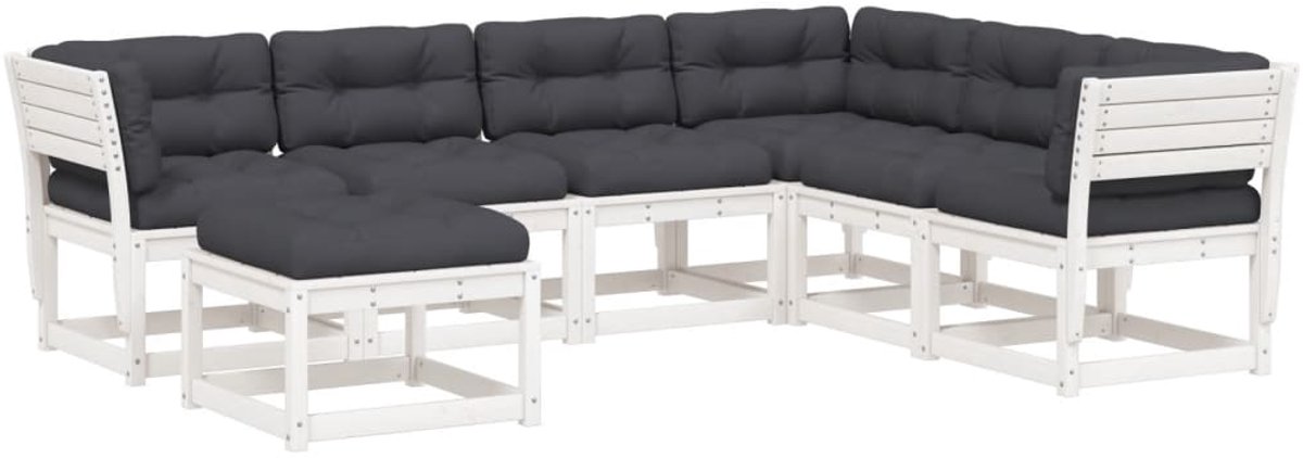 The Living Store 7-delige Loungeset met kussens massief grenenhout wit - Houten Lounge Set - Tuinset - Loungebank - Garden Furniture - Buitendecoratie