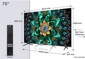 75-inch TCL TV met afmetingen en een zwarte afstandsbediening (RC833A).