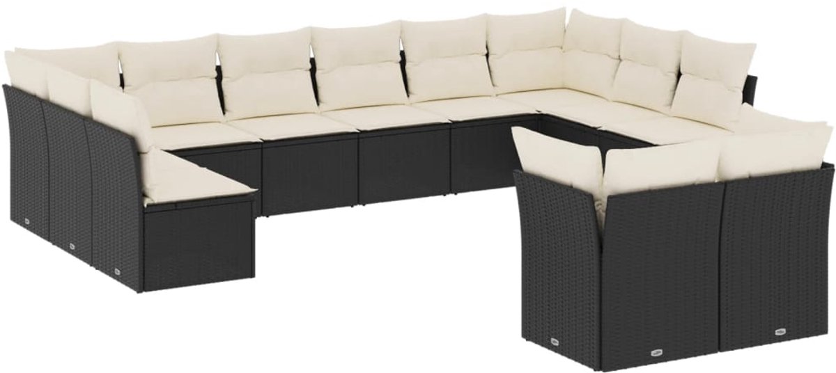 The Living Store 12-delige Loungeset met kussens poly rattan zwart - Loungeset - Tuinset - Buitendecoratie - Loungehoek - Pe Rattan