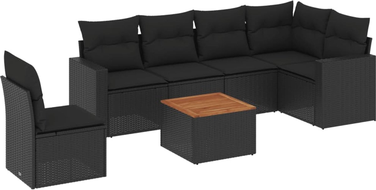 The Living Store 7-delige Loungeset met kussens poly rattan zwart - Loungeset - Lounge Set - Tuinlounge - Buitendining - Outdoor Furniture