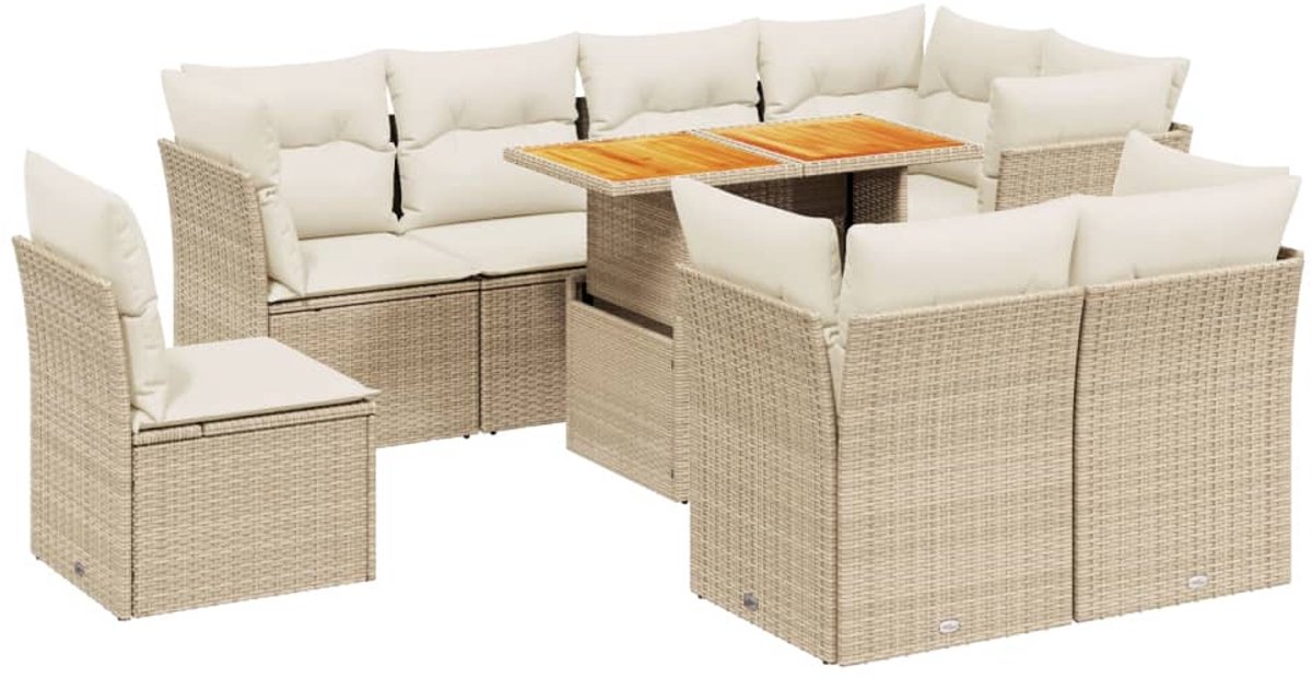 The Living Store 9-delige Loungeset met kussens poly rattan beige - Loungeset - Tuinset - Lounge - Outdoor Furniture - Garden Furniture
