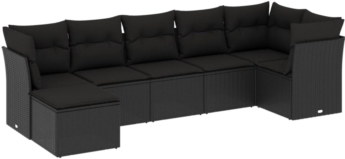 Zwarte poly rattan loungeset met kussens - Tuin Lounge Set.