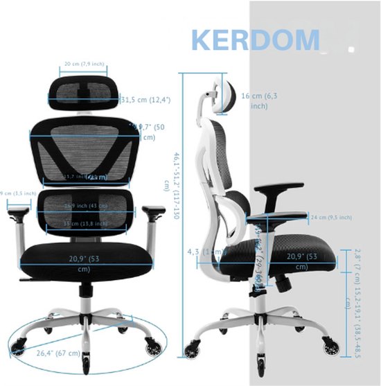 Kerdom Rug Ergonomische-Bureaustoel-9070F-Zwart-KERDOM-Verstelbaar-Hoge-Rug ...