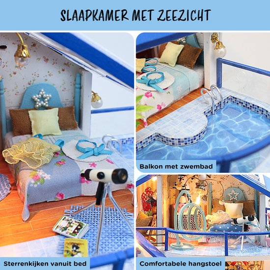 Collage van slaapkamer met zeezicht: bed, balkon met zwembad, telescoop en hangstoel. Blauw en wit met bloemenpatroon.