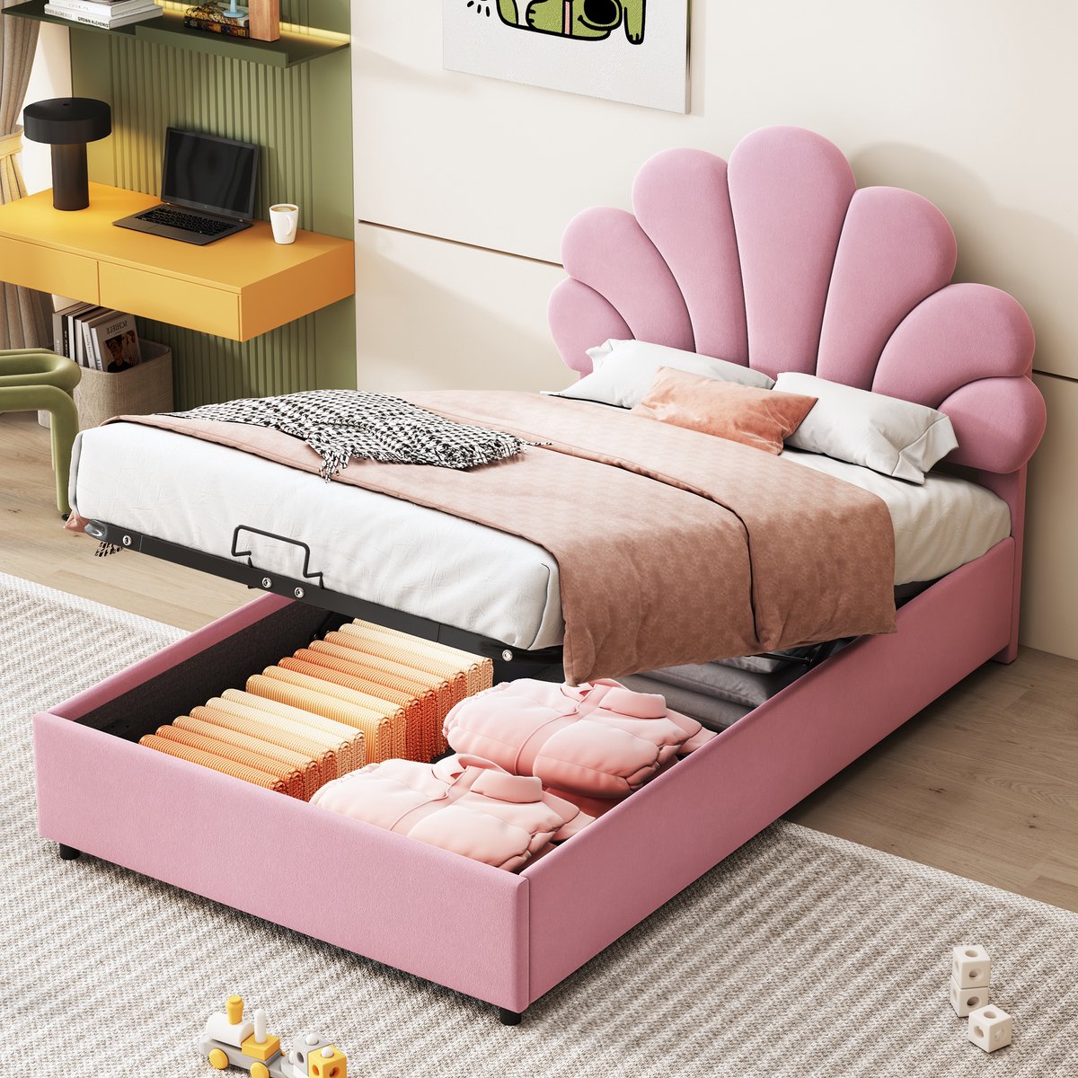 Gestoffeerd kinderbed 90 x 200 cm, met bloemenhoofdbord en lattenbodem, huidvriendelijke fluwelen stof, roze