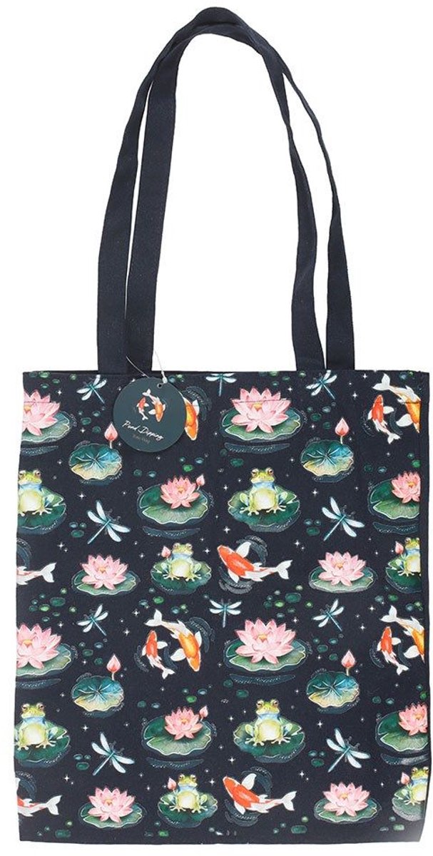 Sfeervolle 'Pond Print' Polycotton Tote Bag - Zwarte Draagtas met Kikker, Libellen & Koikarper Print - 70 cm