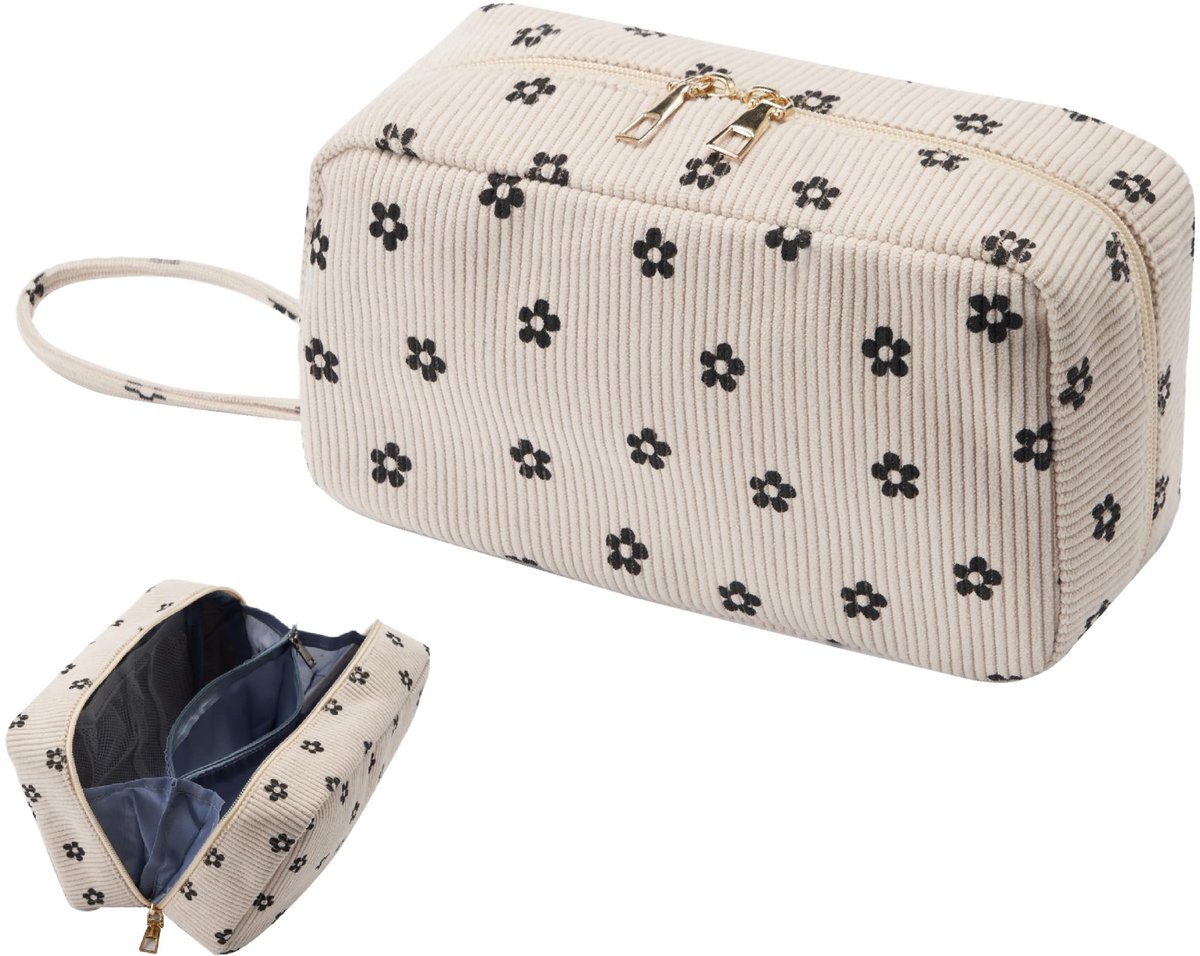 My Ninki ® Ruime Corduroy Toilettas voor Dames met Stijlvolle Bloemenprint voor Reizen en Dagelijks Gebruik
